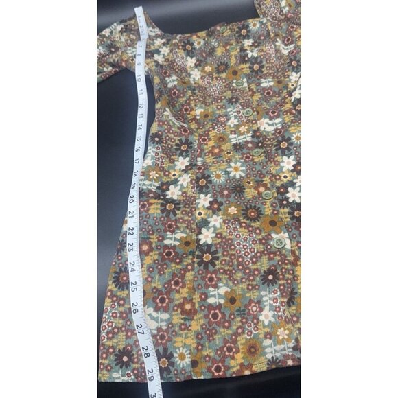 Cider Womens Corduroy Flower Power Retro Button Up Puff Long Sleeve Mini Dress S - Picture 8 of 8